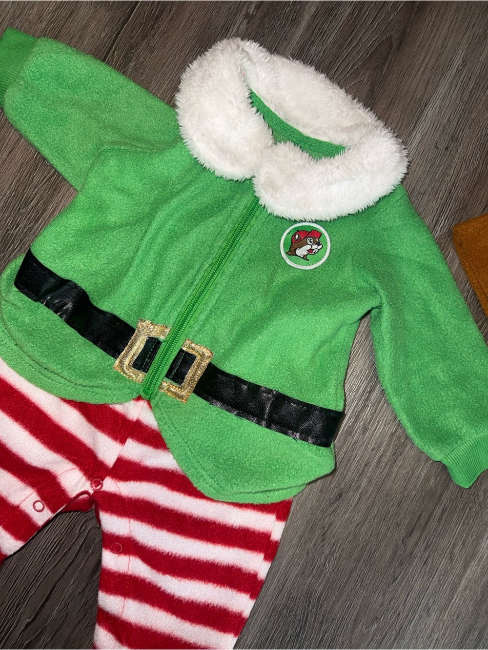 Bucees Elf-Inspired Green and Red Striped Baby Romper 3/6M